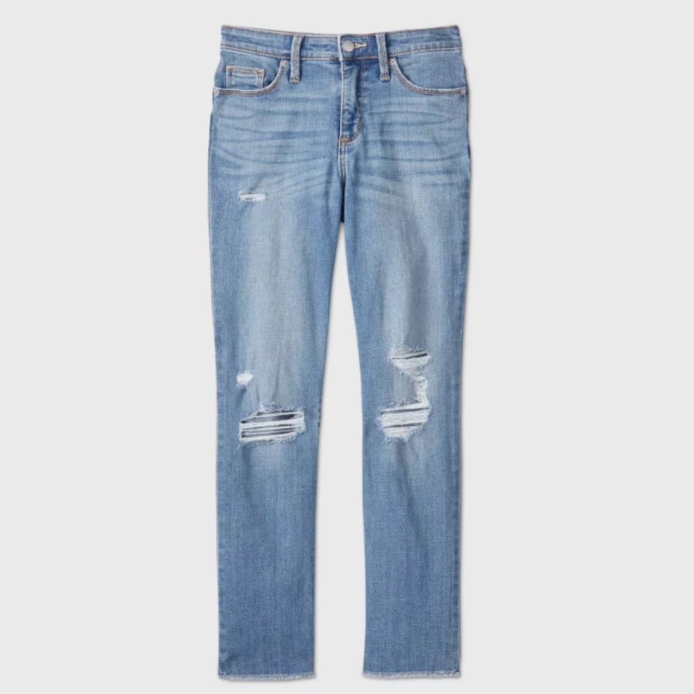 Straight Leg Distressed Cropped Jeans, High Waist